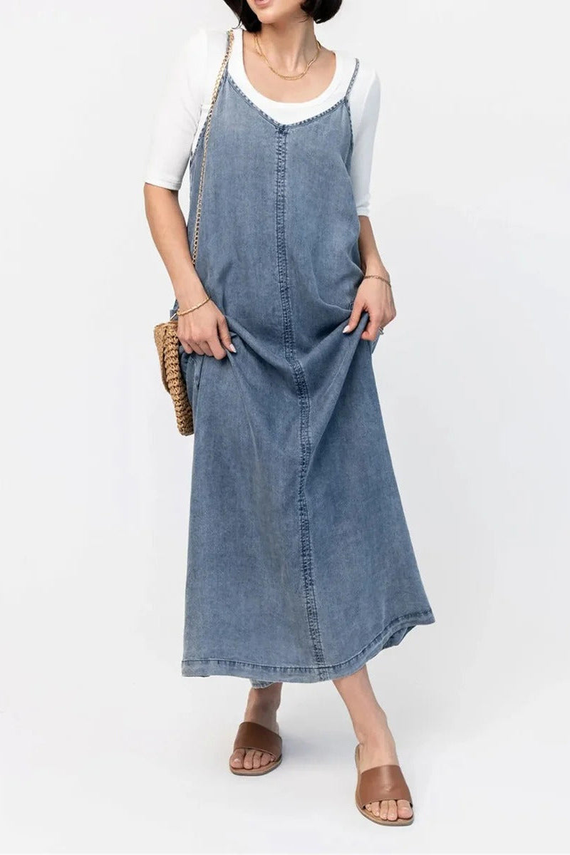 Salopette style robe longue en jean ample